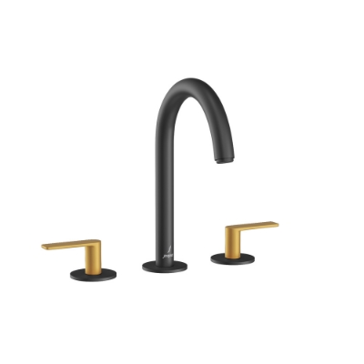 Immagine di Gruppo lavabo 3 fori - Leva: Oro opaco PVD | Corpo: Nero opaco